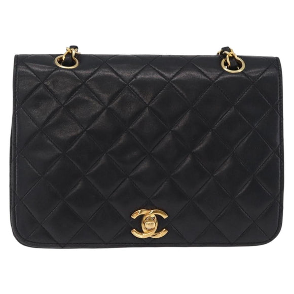 CHANEL Matelasse Chain Shoulder Bag Lamb Skin Black Gold Tone CC Auth 211072V