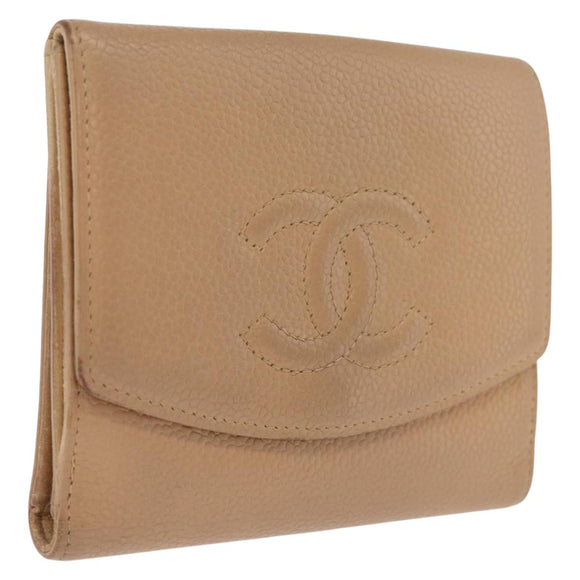 CHANEL Wallet Caviar Skin Beige CC Auth 211073