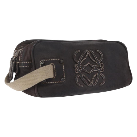 LOEWE Clutch Bag Leather Dark Brown Silver Auth 211101