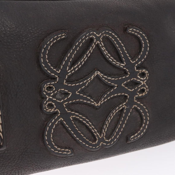 LOEWE Clutch Bag Leather Dark Brown Silver Auth 211101