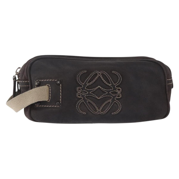 LOEWE Clutch Bag Leather Dark Brown Silver Auth 211101