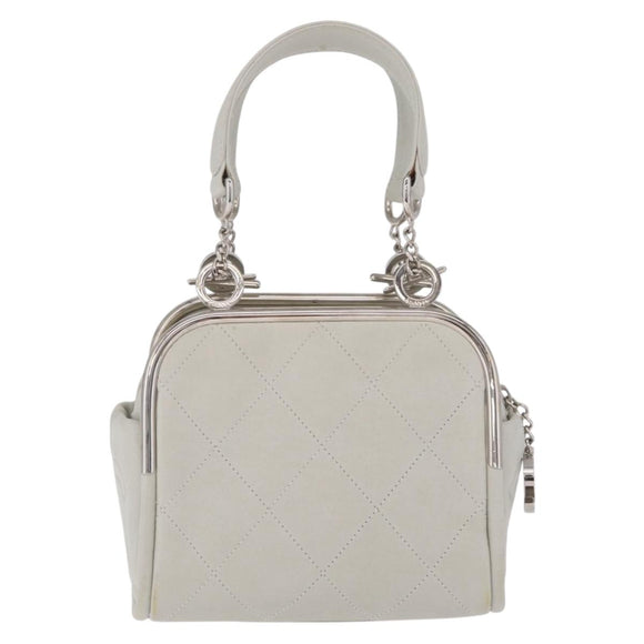 CHANEL Matelasse Hand Bag Lamb Skin Ivory Silver CC Auth 211116V
