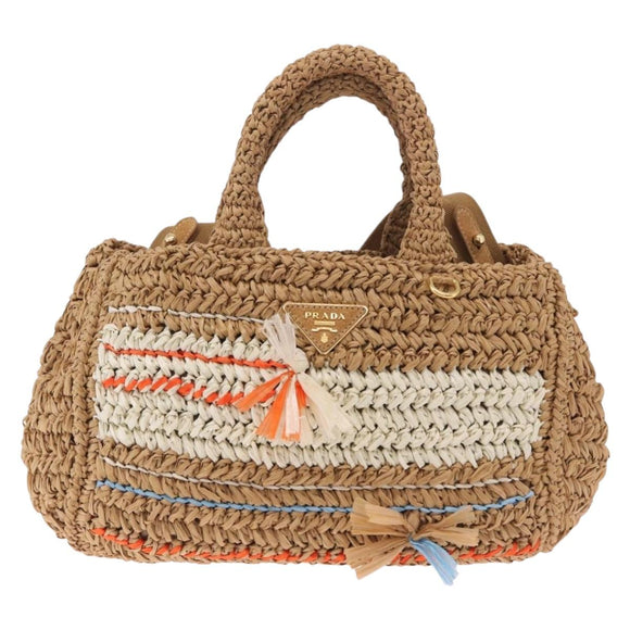 PRADA Hand Bag Raffia 2way Beige Gold Auth 211121V