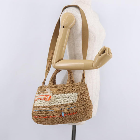PRADA Hand Bag Raffia 2way Beige Gold Auth 211121V
