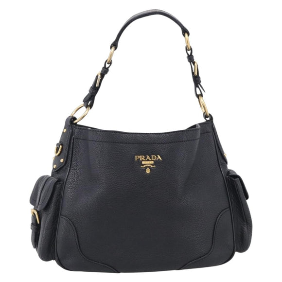 PRADA Shoulder Bag Leather Black Gold Auth 211133V