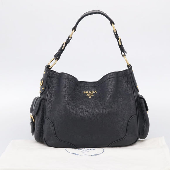 PRADA Shoulder Bag Leather Black Gold Auth 211133V
