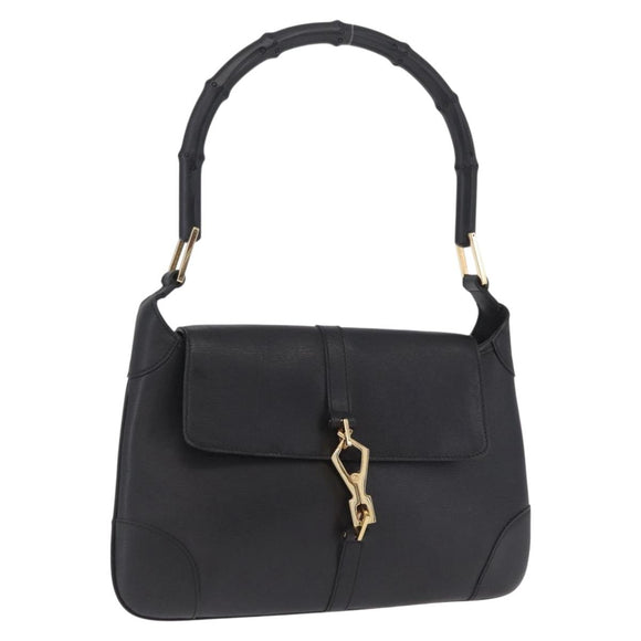 GUCCI Bamboo Shoulder Bag Leather Black Gold 001 4096 Auth 211134A