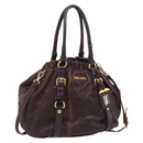 PRADA Tote Bag Leather 2way Brown Gold Auth 211140A-1