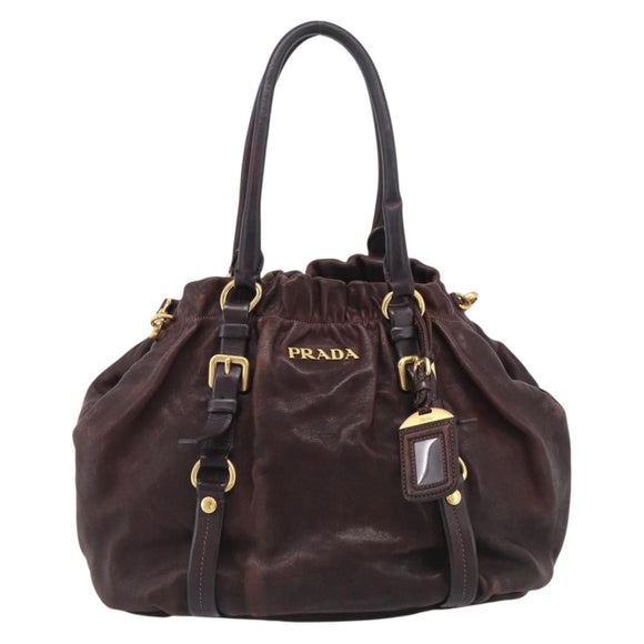 PRADA Tote Bag Leather 2way Brown Gold Auth 211140A
