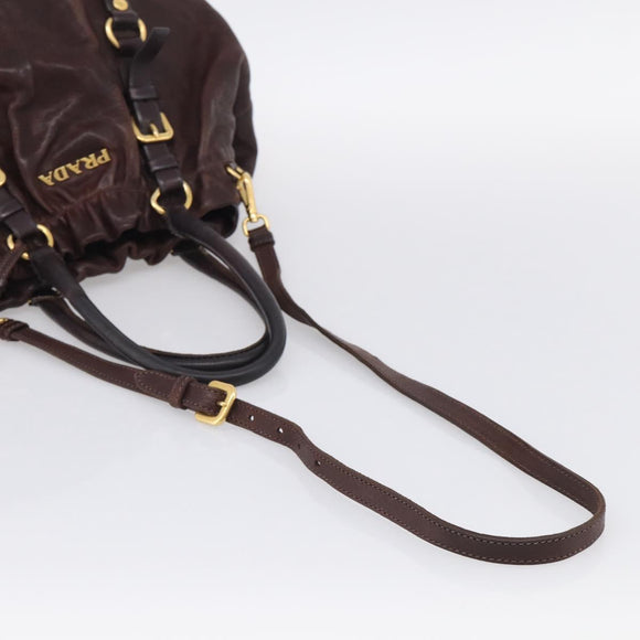 PRADA Tote Bag Leather 2way Brown Gold Auth 211140A
