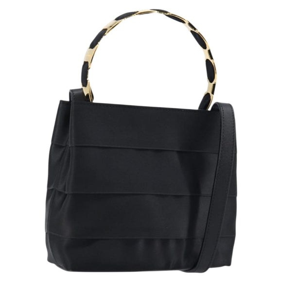 Salvatore Ferragamo Vala Hand Bag Satin 2way Black Gold Auth 211141A