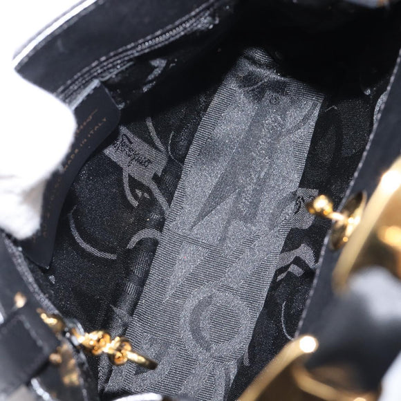 Salvatore Ferragamo Vala Hand Bag Satin 2way Black Gold Auth 211141A