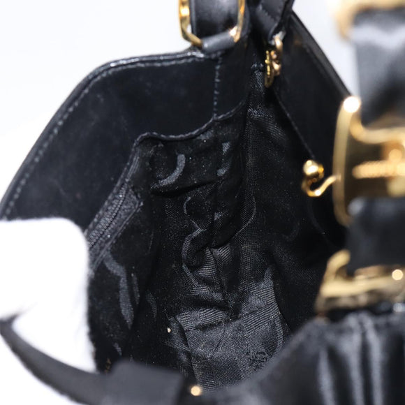 Salvatore Ferragamo Vala Hand Bag Satin 2way Black Gold Auth 211141A
