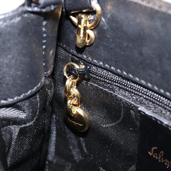 Salvatore Ferragamo Vala Hand Bag Satin 2way Black Gold Auth 211141A