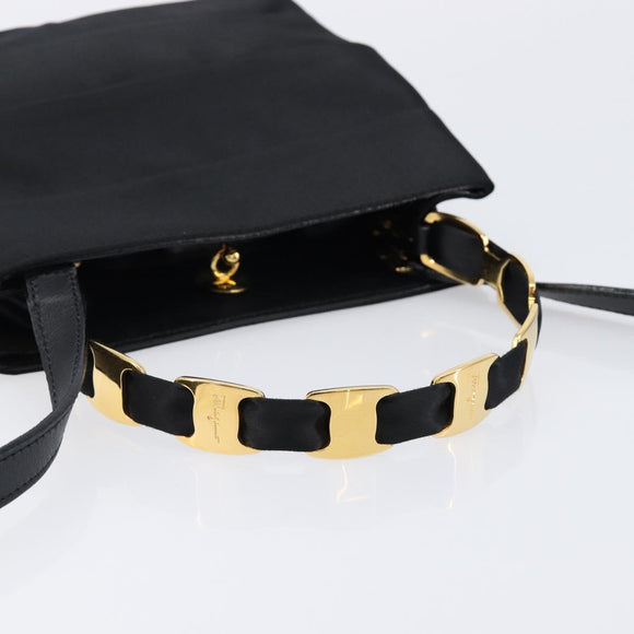Salvatore Ferragamo Vala Hand Bag Satin 2way Black Gold Auth 211141A