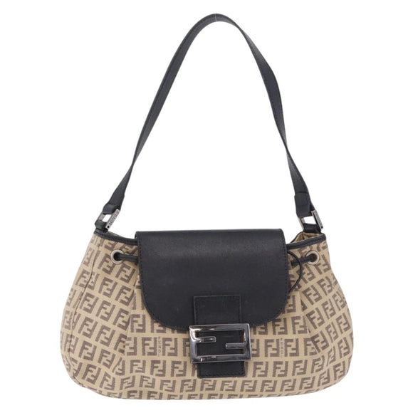 FENDI Zucchino Canvas Mamma Baguette Shoulder Bag Beige Silver Auth 211148V