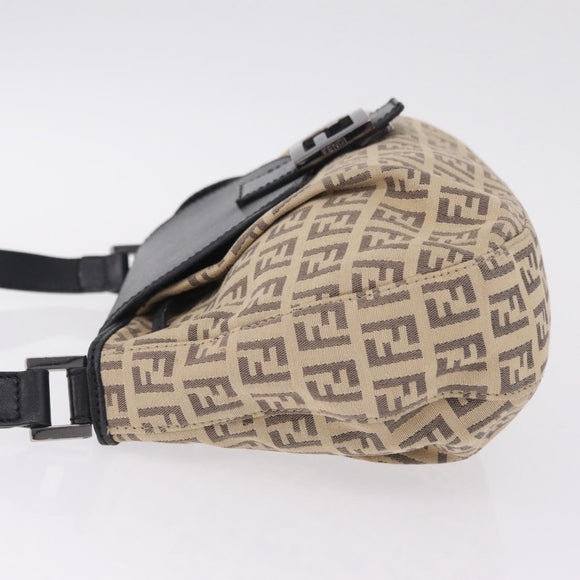 FENDI Zucchino Canvas Mamma Baguette Shoulder Bag Beige Silver Auth 211148V