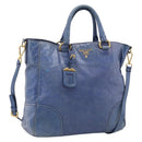 PRADA Hand Bag Leather 2way Blue Gold Auth 211151A-1