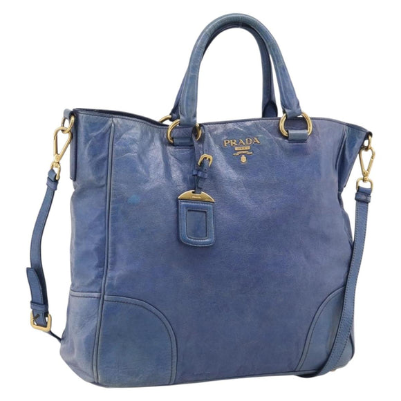 PRADA Hand Bag Leather 2way Blue Gold Auth 211151A