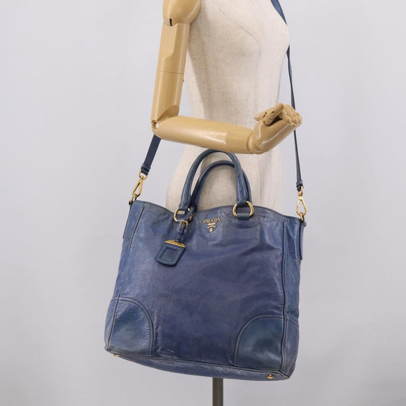 PRADA Hand Bag Leather 2way Blue Gold Auth 211151A