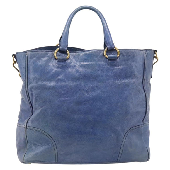 PRADA Hand Bag Leather 2way Blue Gold Auth 211151A