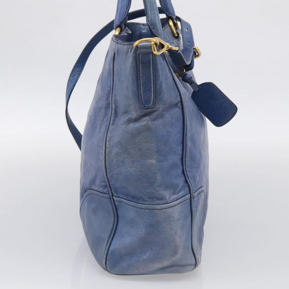 PRADA Hand Bag Leather 2way Blue Gold Auth 211151A