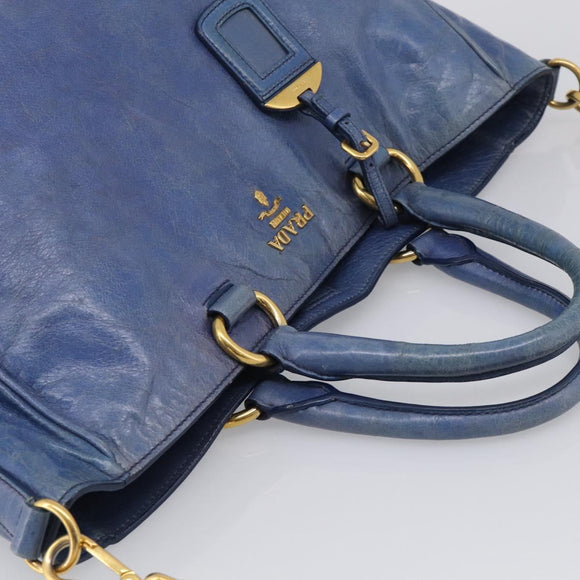PRADA Hand Bag Leather 2way Blue Gold Auth 211151A