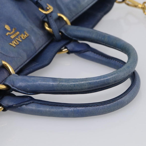 PRADA Hand Bag Leather 2way Blue Gold Auth 211151A
