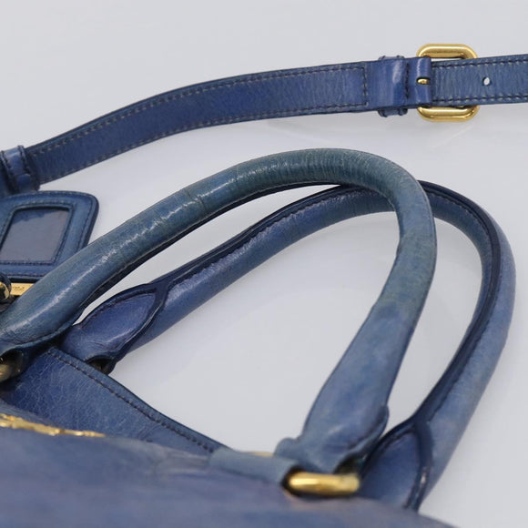 PRADA Hand Bag Leather 2way Blue Gold Auth 211151A