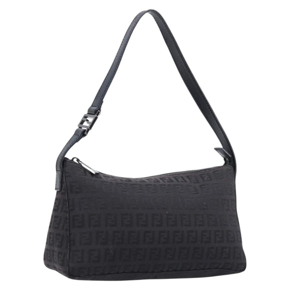 FENDI Zucchino Canvas Shoulder Bag Black Silver Auth 211153A