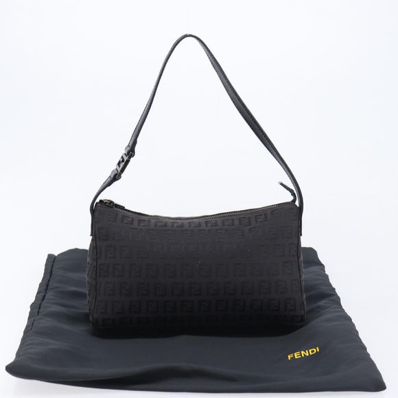 FENDI Zucchino Canvas Shoulder Bag Black Silver Auth 211153A