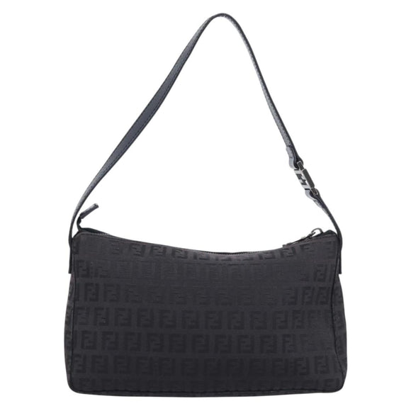 FENDI Zucchino Canvas Shoulder Bag Black Silver Auth 211153A