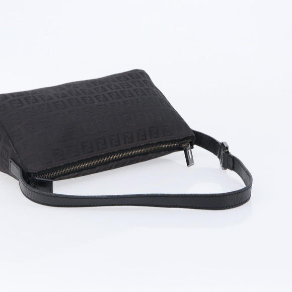 FENDI Zucchino Canvas Shoulder Bag Black Silver Auth 211153A