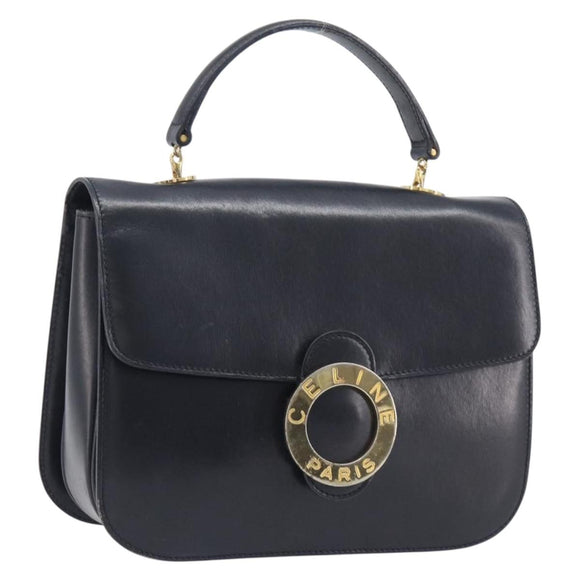 CELINE Circle Hand Bag Leather Black Gold Auth 211169