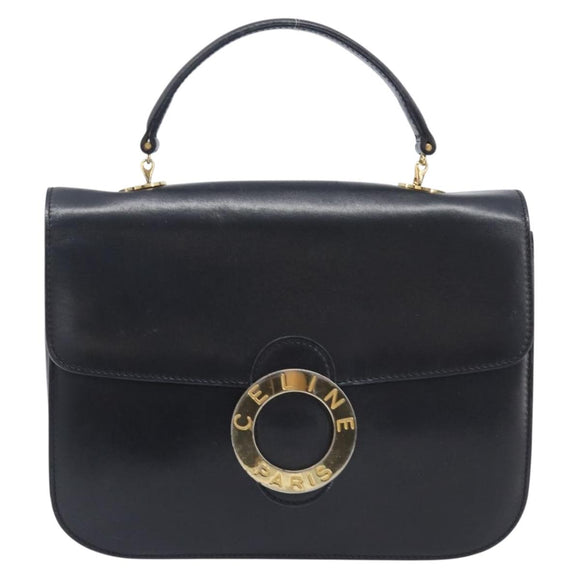 CELINE Circle Hand Bag Leather Black Gold Auth 211169
