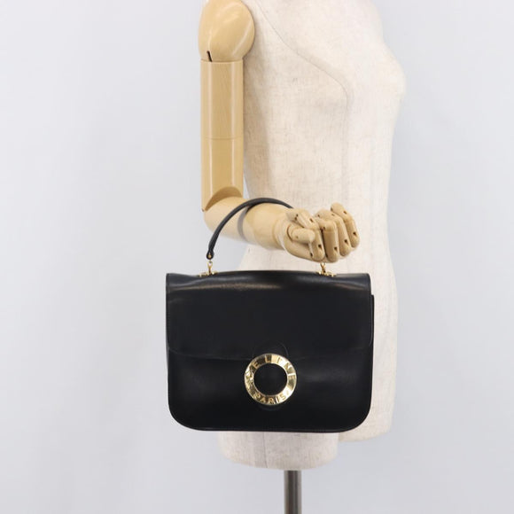 CELINE Circle Hand Bag Leather Black Gold Auth 211169