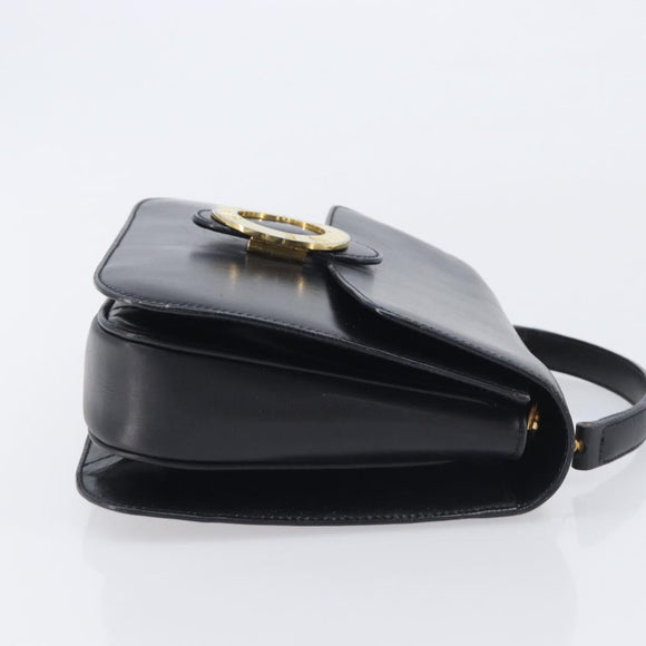 CELINE Circle Hand Bag Leather Black Gold Auth 211169