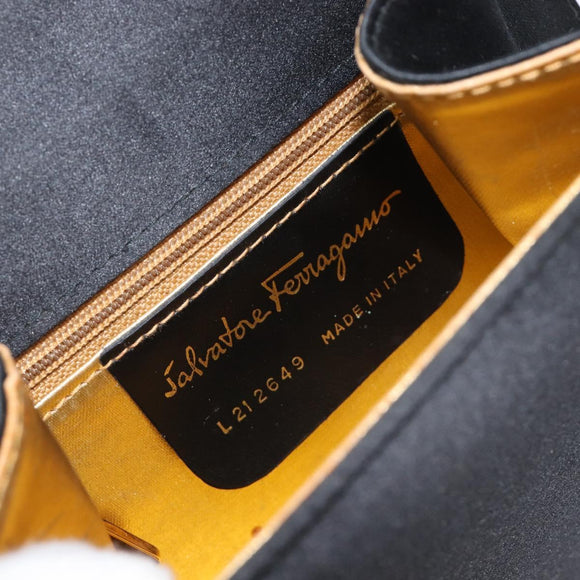Salvatore Ferragamo Hand Bag Satin Black Gold Auth 211170A