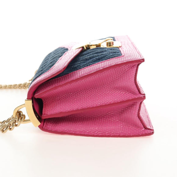 Miu Miu Matelasse Chain Shoulder Bag Denim Leather Navy Gold Tone Auth 211181M