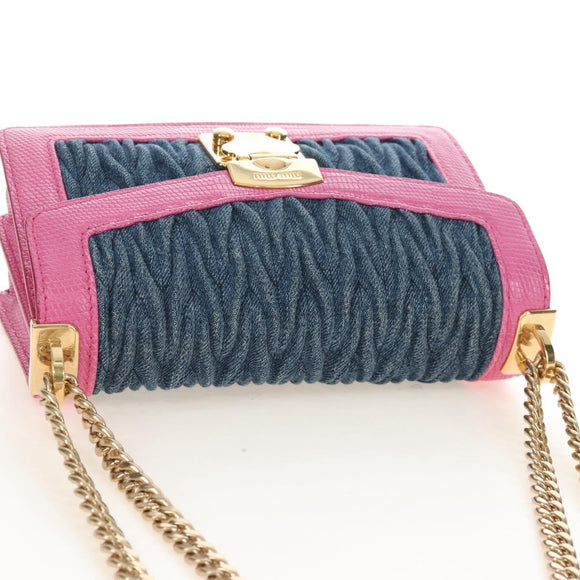Miu Miu Matelasse Chain Shoulder Bag Denim Leather Navy Gold Tone Auth 211181M