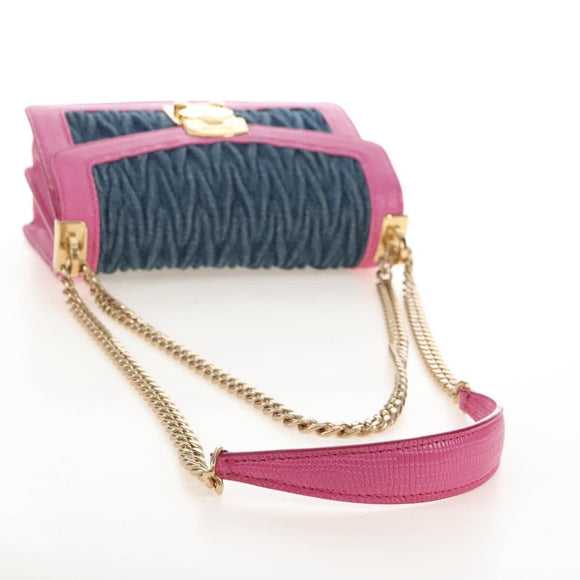 Miu Miu Matelasse Chain Shoulder Bag Denim Leather Navy Gold Tone Auth 211181M
