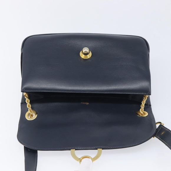 GUCCI Shoulder Bag Leather Navy Gold Auth 211207A