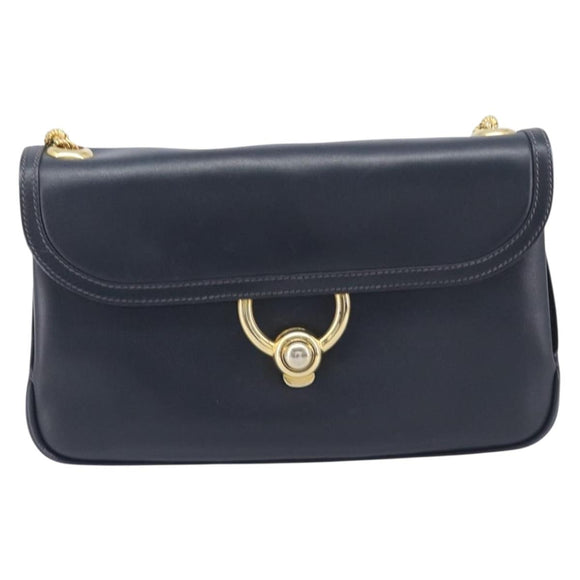 GUCCI Shoulder Bag Leather Navy Gold Auth 211207A