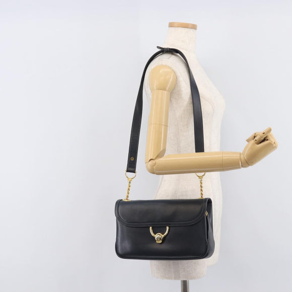 GUCCI Shoulder Bag Leather Navy Gold Auth 211207A
