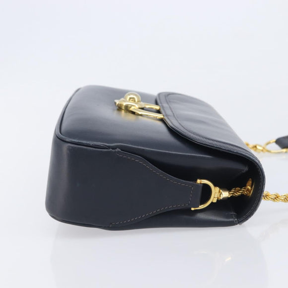 GUCCI Shoulder Bag Leather Navy Gold Auth 211207A