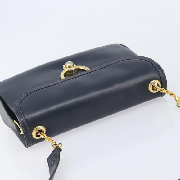 GUCCI Shoulder Bag Leather Navy Gold Auth 211207A