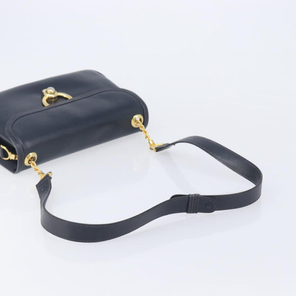 GUCCI Shoulder Bag Leather Navy Gold Auth 211207A
