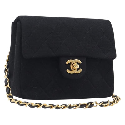 CHANEL Mini Matelasse 18 Chain Shoulder Bag Cotton Black Gold CC Auth 211216SAV