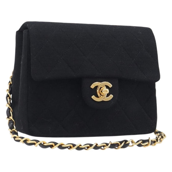 CHANEL Mini Matelasse 18 Chain Shoulder Bag Cotton Black Gold CC Auth 211216SAV