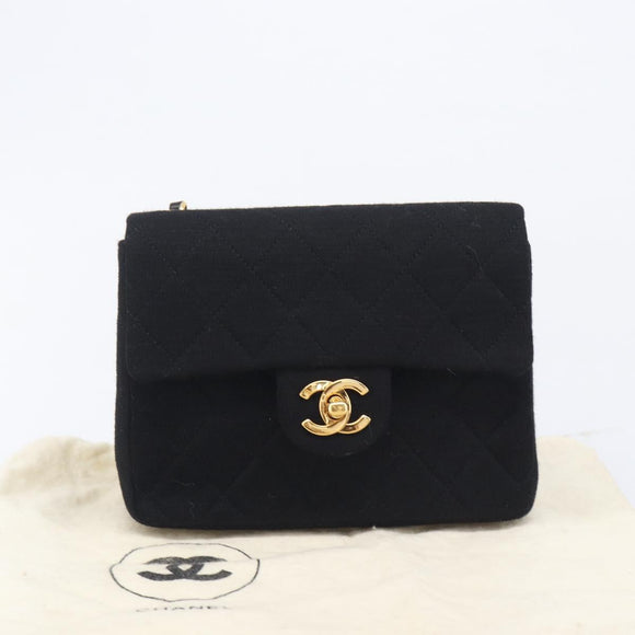 CHANEL Mini Matelasse 18 Chain Shoulder Bag Cotton Black Gold CC Auth 211216SAV